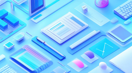 A futuristic workspace with AI-powered tools assisting in creative design and project management tasks.の素材