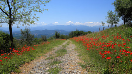 A gravel path leading up a gentle slope, flanked by vibrant wildflowers and offering views of distant mountains.の素材