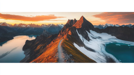 A narrow path along a mountain ridge, offering unobstructed views of a glacier-fed lake below.の素材