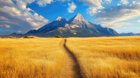 A narrow path winding through a field of golden wheat, leading towards a mountain range under a dramatic sky.の素材