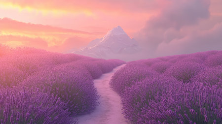 A narrow dirt path winding through a field of lavender, ascending towards a mountain peak under a pastel sunset.の素材