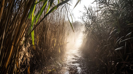 A misty trail through a dense bamboo forest, with sunlight filtering through the tall stalks.の素材
