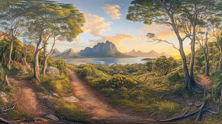 A narrow dirt path meandering through a dense forest, opening to a panoramic mountain vista at sunset.の素材