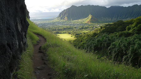 A narrow trail carved into a steep mountainside, with panoramic views of a lush valley below.の素材