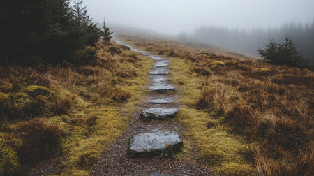 A misty mountain path lined with moss-covered stones, disappearing into a dense, fog-shrouded forest.の素材