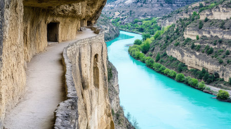 A narrow path carved into a steep cliffside, overlooking a turquoise river snaking through the canyon below.の素材