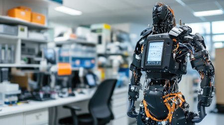 A robotic exoskeleton suit showcased in a high-tech laboratory, representing advancements in AI-assisted mobility.の素材