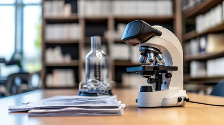 A virtual reality headset on a desk beside a microscope and scientific journals, suggesting VR in scientific research.の素材