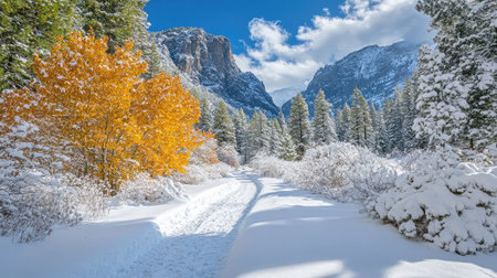 A snow-dusted trail leading through a tranquil pine forest, with towering peaks visible in the distance.の素材
