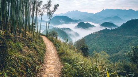 A serene mountain path bordered by tall bamboo, with mist rolling over the surrounding hills.の素材
