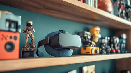 A virtual reality headset resting on a shelf beside a collection of gaming memorabilia and action figures.の素材