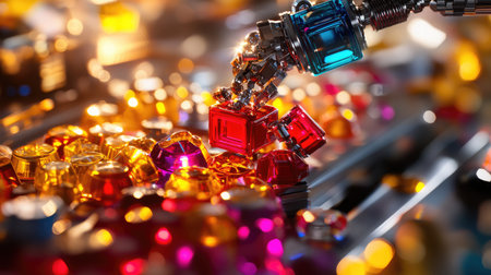 A robotic arm assembling intricate components on a high-tech production line, symbolizing AI-driven manufacturing.の素材