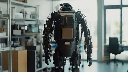 A robotic exoskeleton suit showcased in a high-tech laboratory, representing advancements in AI-assisted mobility.の素材