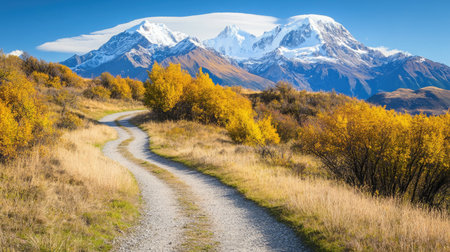A rugged mountain path cutting through golden autumn foliage, leading the eye towards snow-capped summits.の素材