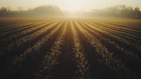A smart agriculture setup with AI-controlled drones monitoring crop health and soil conditions in a vast field.の素材
