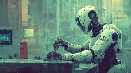 A robotic arm assembling intricate components on a high-tech production line, symbolizing AI-driven manufacturing.の素材