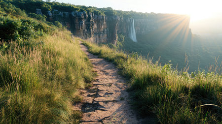 A sunlit mountain trail bordered by tall grasses, leading towards a distant waterfall cascading down rocky cliffs.の素材