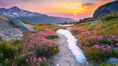 A rugged trail cutting through a rocky alpine landscape, with patches of snow and hardy wildflowers.の素材