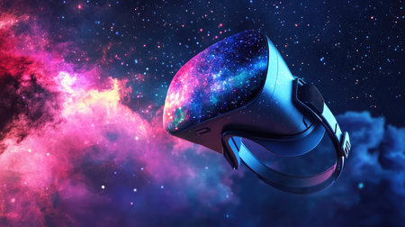 A virtual reality headset suspended in mid-air, with a vibrant galaxy and stars visible through the lenses.の素材