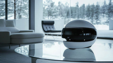 A sleek virtual reality headset resting on a modern glass table, illuminated by ambient LED lighting in a minimalist room.の素材