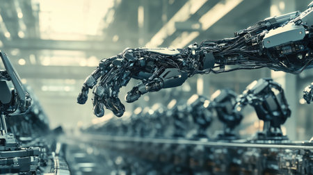 A robotic arm assembling intricate components on a high-tech production line, symbolizing AI-driven manufacturing.の素材