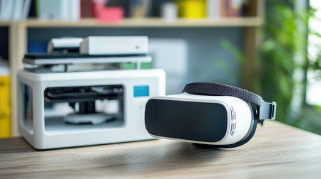 A virtual reality headset resting on a desk next to a D printer, suggesting VR in design and prototyping.の素材