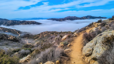 A rocky mountain trail with switchbacks, offering expansive views of a valley blanketed in morning fog.の素材