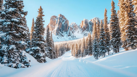 A snow-dusted trail leading through a tranquil pine forest, with towering peaks visible in the distance.の素材