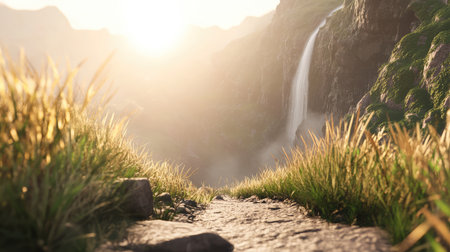 A sunlit mountain trail bordered by tall grasses, leading towards a distant waterfall cascading down rocky cliffs.の素材