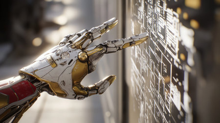 Close-up of a humanoid robot's hand reaching towards a holographic interface displaying complex data.の素材