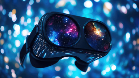 A virtual reality headset suspended in mid-air, with a vibrant galaxy and stars visible through the lenses.の素材