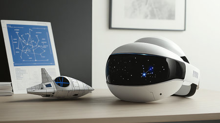 A virtual reality headset resting on a desk next to a model spaceship and star charts, indicating VR space exploration.の素材