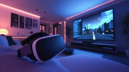A virtual reality headset resting on a couch in a cozy living room, with a large TV screen displaying a paused VR game.の素材