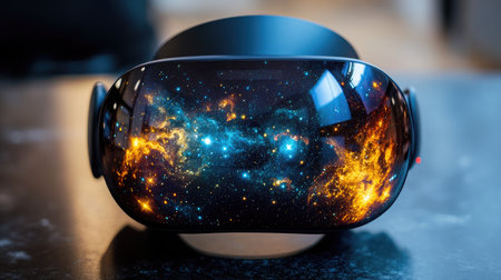 A virtual reality headset suspended in mid-air, with a vibrant galaxy and stars visible through the lenses.の素材