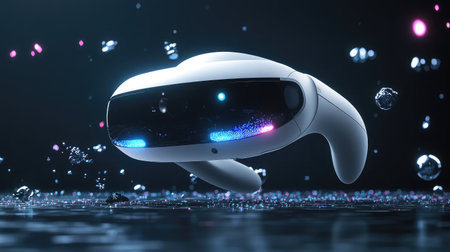 A virtual reality controller floating against a dark background, surrounded by holographic interface elements and digital particles.の素材