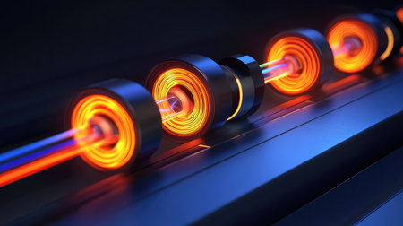 Close-up of a quantum optics experiment with entangled photons and beam splitters, representing advanced light manipulation techniques.の素材