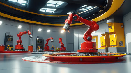 Robotic arm welding components in an automotive manufacturing plant.の素材