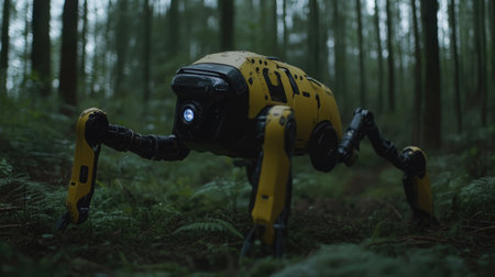 Robotic dog exploring a dense forest, equipped with sensors and cameras.の素材