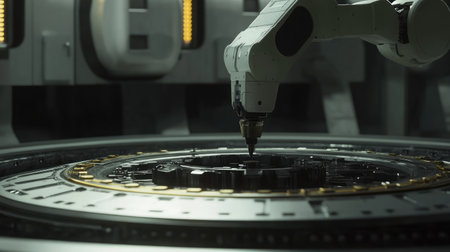 Industrial robotic arm assembling intricate components on a high-tech production line.の素材