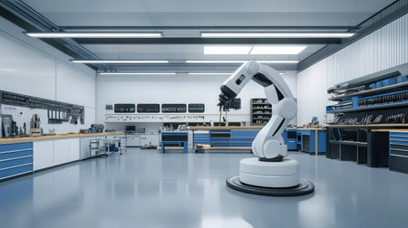 Robotic assistant organizing tools in a high-tech workshop.の素材