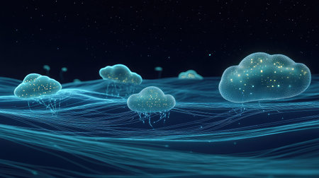 Futuristic quantum computing cloud infrastructure with interconnected nodes and glowing data streams, symbolizing distributed computing.の素材