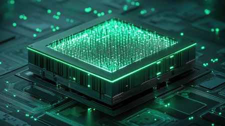 Futuristic quantum simulation device with glowing particles and complex interactions, representing advanced modeling techniques.の素材