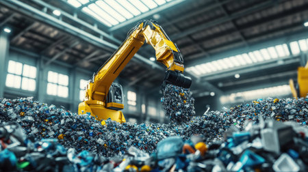 Robotic arm sorting recyclable materials in a modern waste management facility.の素材