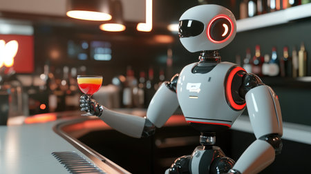 Robotic bartender mixing a colorful cocktail in a sleek, modern bar.の素材