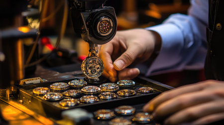 Robotic arm assembling intricate watch components in a precision workshop.の素材