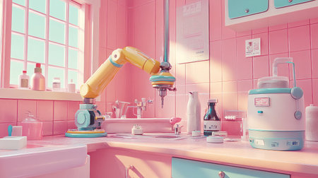 Robotic arm performing quality control checks on a production line.の素材