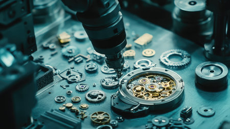 Robotic arm assembling intricate watch components in a precision workshop.の素材