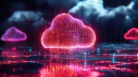 Futuristic quantum computing cloud infrastructure with interconnected nodes and glowing data streams, symbolizing distributed computing.の素材