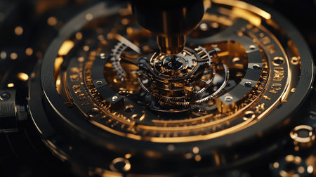 Robotic arm assembling intricate watch components in a precision workshop.の素材