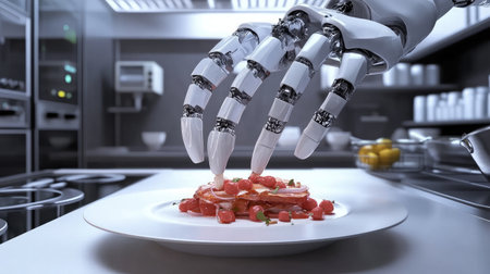 Robotic chef preparing a gourmet dish in a state-of-the-art kitchen.の素材
